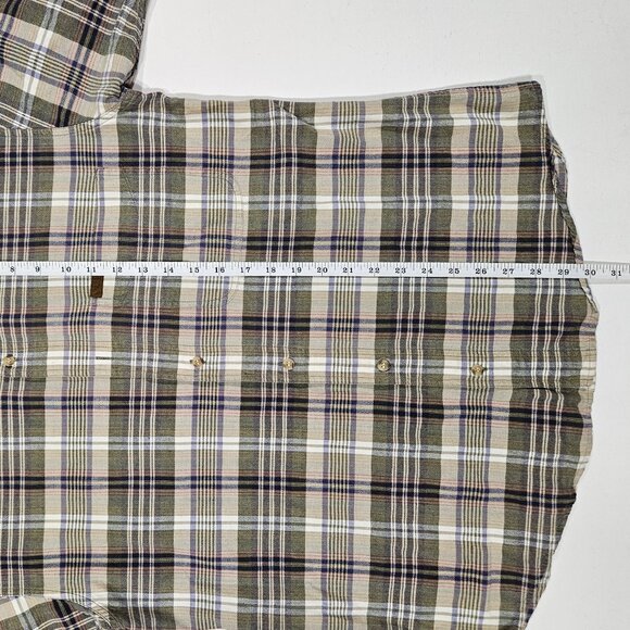 Woolrich Men’s Plaid Outdoorwear Button-Down Shirt Khaki Size M - Missing Button - Picture 7 of 8